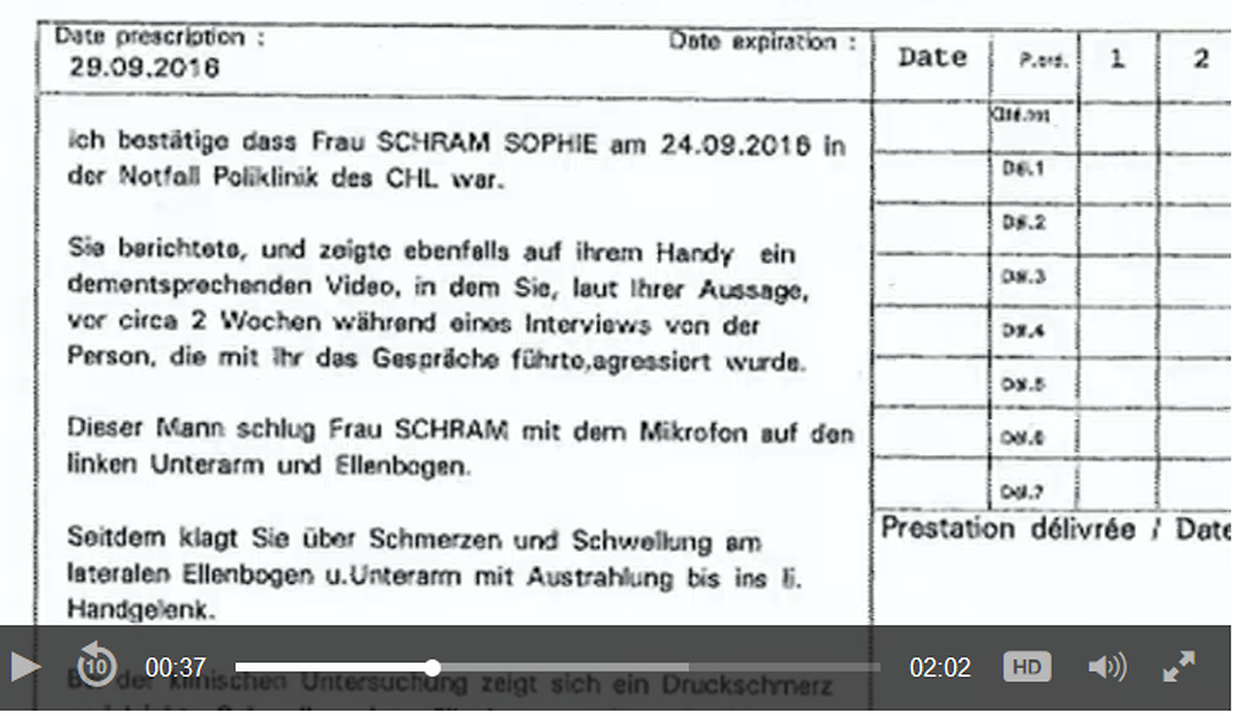 Das medizinische Attest von Dr. Dana Bliuc stammt vom 29. September und bescheinigt, "dass Frau Schram Sophie am 24.09.2016 in der Notfall Poliklinik des CHL war".