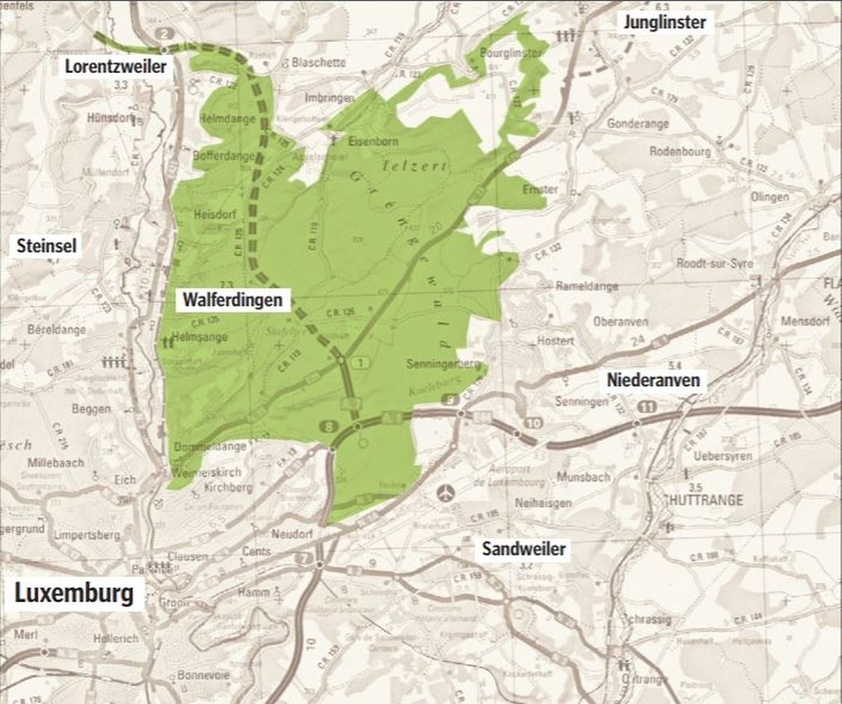 30 Ortschaften in insgesamt sieben Gemeinden liegen im künftigen Schutzgebiet- Gréngewald. Die Gemeinden, die am meisten davon betroffen sind und zusammen eine Fläche von rund 3 000 Hektar ausmachen, sind Niederanven mit 42 Prozent des Gesamtterritoriums, Steinsel mit 27 Prozent und Junglinster mit elf Prozent. Die restlichen Gemeinden – Lorentzweiler, Walferdingen, Sandweiler und Luxemburg-Stadt – vereinen 740 Hektar der gesamten Zone auf sich.