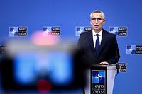 NATO Secretary General Jens Stoltenberg addresses a press conference ahead of a foreign ministers' meeting at the NATO headquarters in Brussels, on November 25, 2022. - Nato foreign ministers' meeting will take place on 29 and 30 November 2022 in Bucharest Romania. (Photo by Kenzo TRIBOUILLARD / AFP)