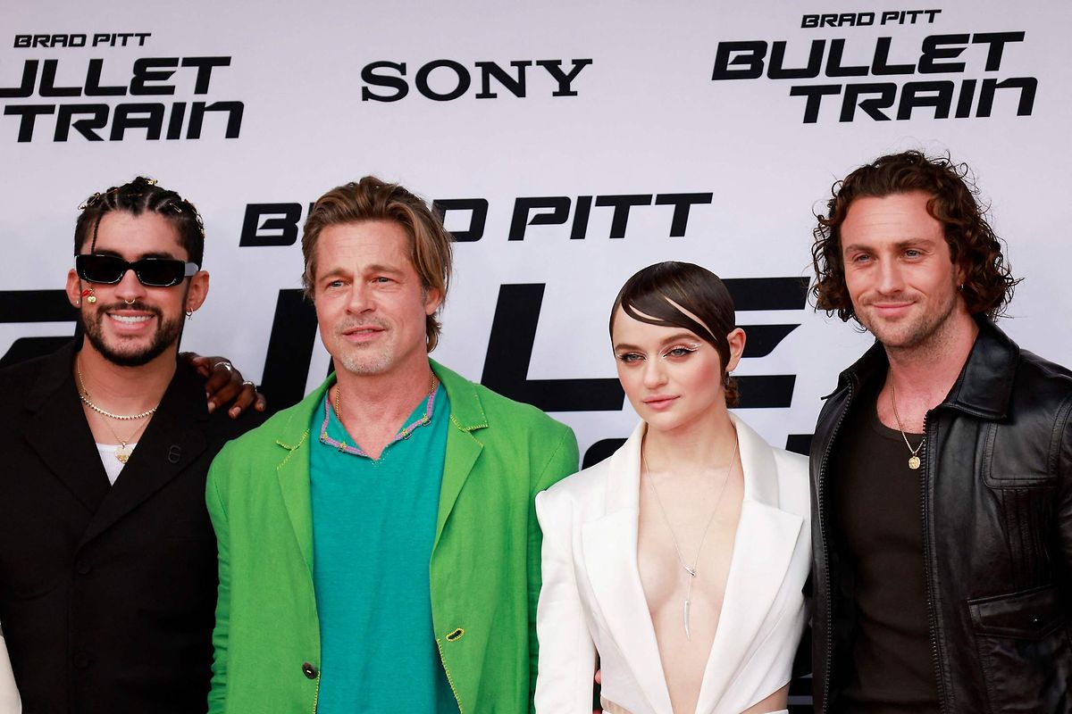 (Left) Bad Bunny, Brad Pitt, Joey King and Aaron Taylor-Johnson attend the Los Angeles premiere of Shinkansen 
