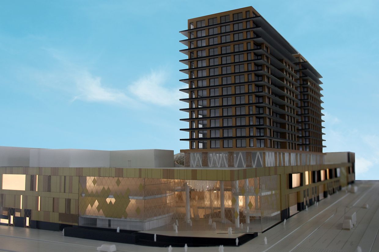 De cette maquette à l'aspect définitif des façades, présenté dans la première galerie, quelques mois ont passé. Vue depuis l'entrée piétonne entre les deux boulevards.