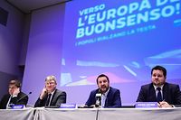 (From L) Member of the Finnish conservative political Finns party, Olli Kotro,  Federal spokesman for Alternative for Germany (AfD), Germany's Joerg Meuthen, Italy�s Interior Minister, deputy PM and Federal Secretary of Italy's Northern League (Lega Nord)  right-wing regionalist political party, Matteo Salvini and member of Denmark's People's Party, Anders Primdahl Vistisen attend a meeting of European nationalists on April 8, 2019 in Milan. - Italy's Matteo Salvini is gathering on April 8 far-right parties from around Europe in Milan hoping to forge an unlikely alliance of nationalists ahead of next month's European parliament elections. (Photo by Miguel MEDINA / AFP)
