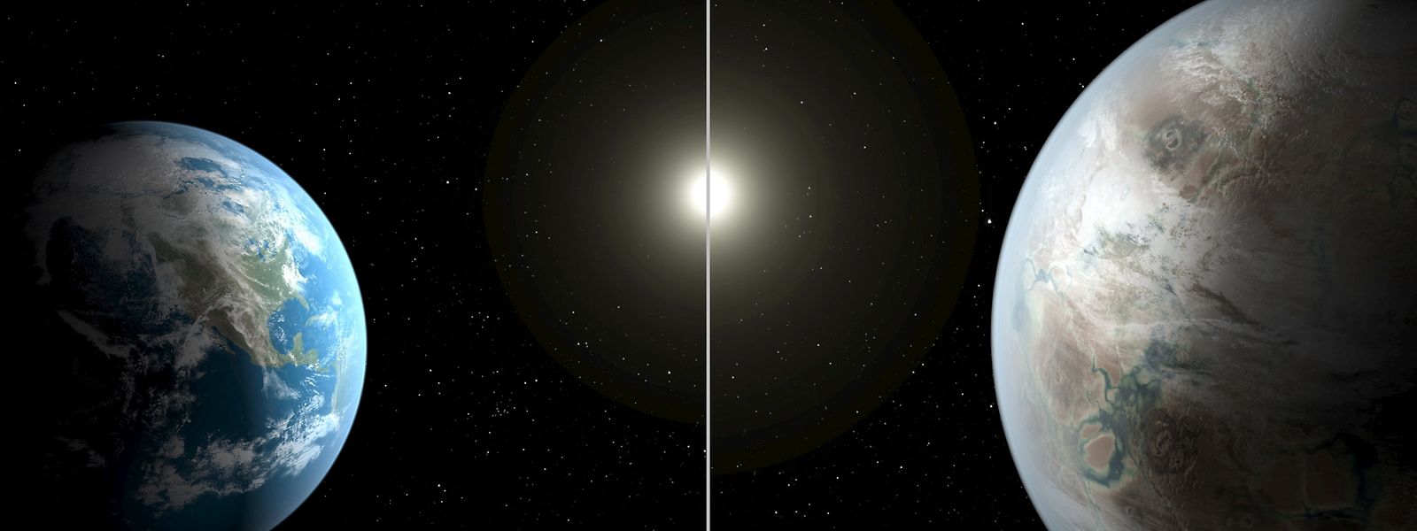 Die Erde im  Größenvergleich zu ihrem "Cousin" Kepler-452b. Der Planet ist 1400 Lichtjahre von unserem Sonnensystem entfernt.