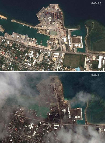 Das Bild zeigt den Hafen auf der Insel Tonga vor (oben) und nach dem Tsunami.