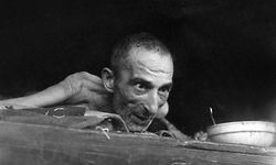 A prisoner dying of dysentery at the Nazi concentration camp of Buchenwald peers out from his bunk in April 1945 upon the liberation of the camp by Allied troops. - The construction of Buchenwald camp started 15 July 1937 and was liberated by US General Patton's army 11 April 1945. Between 239,000 and 250,000 people were imprisoned in this camp. About 56,000 died among which 11,000 Jews. On the 5th of April Patton's army liberated the Buchenwald commandos in Ohrdruf. A few thousand Russian and Hungarian Jews, and gypsies were then miserably evacuated from the main camp Buchenwald by the Germans to camps such as Dachau and Flössenburg. On the 11th of April the International Committee (created in August 1943 by the prisoners), who managed to obtain and hide arms during previous shelling, gave the order for an insurrection which pave the way for the US army.  (FILM) AFP PHOTO ERIC SCHWAB (Photo by ERIC SCHWAB / AFP)