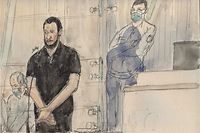(FILES) In this file court-sketch made on March 30, 2022 co-defendant Salah Abdeslam (L), the prime suspect in the attacks, stands during the trial November 13, 2015 Paris and Saint-Denis attacks, taking place in a temporary courtroom set up at the "Palais de Justice" courthouse in Paris. - Two weeks after he was sentenced to life imprisonment in the November 13 trial, Frenchman Salah Abdeslam was taken from Fleury-Merogis prison (Essonne) on July 13, 2022 morning to be transferred to Belgium, where he is due to stand trial from October for the Brussels attacks of March 2016. (Photo by Benoit PEYRUCQ / AFP) / ----IMAGE RESTRICTED TO EDITORIAL USE - STRICTLY NO COMMERCIAL USE-----