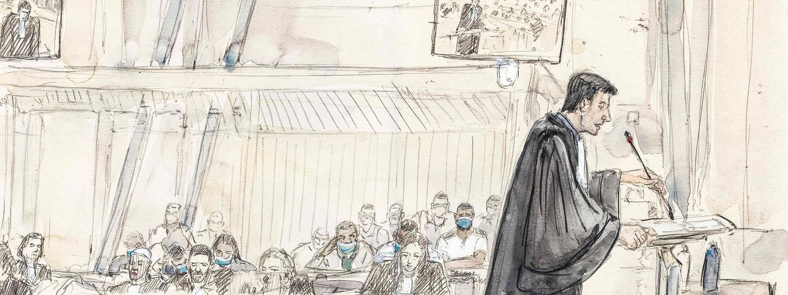 Ce croquis d'audience réalisé le 24 juin 2022 montre l'avocat de Salah Abdeslam, Martin Vettes, alors qu'il plaide devant la cour d'assises spéciale de Paris lors du procès des attentats de 13 novembre 2015 qui ont fait 130 morts.