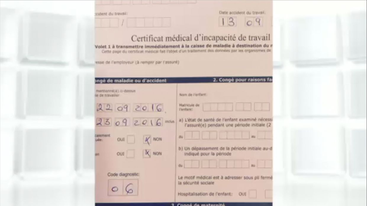 Das "Certificat médical d'incapacité de travail" ist für den Zeitraum vom 22. auf den 23. September ausgeschrieben