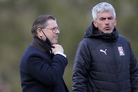 Fabrizio Bei (Präsident FC Differdingen) mit Philippe Lebresne (Co-Trainer)/ Fussball BGL Ligue Luxemburg, 22. Spieltag, Saison 2020-2021 / 21.04.2021 /FC Differdingen 03 - Jeunesse Esch (Esch/Alzette) / Stade Jos Haupert, Niederkorn /Foto: Ben Majerus