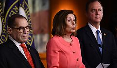 Speaker of the House Nancy Pelosi (D-CA) announces impeachment managers for the articles of impeachment against US President Donald Trump on Capitol Hill January 15, 2020, in Washington, DC. - The House of Representatives is expected to transmit articles of impeachment against Donald Trump to the Senate January 15, 2020, setting the stage for a trial next week that will decide whether the 45th US president is forced from office. After a weeks-long standoff over rules and witnesses, House Speaker Nancy Pelosi and Senate Majority Leader Mitch McConnell announced Tuesday that what will be only the third presidential impeachment trial was now ready to move forward. Pelosi is expected to sign the articles of impeachment at around 5:00 pm (2200 GMT) before they are then ceremoniously transferred from the House and travel through the US capitol's main hallways before being delivered to the Secretary of the Senate. (Photo by Brendan Smialowski / AFP)