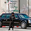 An armoured limousine part of the convoy of the US president drives past Israel's controversial separation barrier in the West Bank city of Bethlehem on May 23, 2017, following a meeting between Donald Trump and the Palestinian leader Mahmud Abbas.
Trump's visit to Israel and the Palestinian territories is part of his first trip abroad as president, and follows an initial leg in Saudi Arabia, where he urged Islamic leaders to confront extremism. / AFP PHOTO / HAZEM BADER