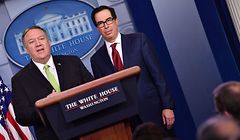 US Secretary of State Mike Pompeo and Treasury Secretary Steven Mnuchin take questions after announcing new sanctions on Iran, at the White House in Washington, DC, on January 10, 2020. (Photo by Nicholas Kamm / AFP)