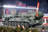 This picture taken on February 8, 2023 and released from North Korea's official Korean Central News Agency (KCNA) on February 9, 2023 shows an intercontinental ballistic missile (ICBM) during a military parade celebrating the 75th anniversary of the founding of the Korean People's Army in Kim Il Sung Square in Pyongyang. (Photo by KCNA VIA KNS / AFP) / South Korea OUT / ---EDITORS NOTE--- RESTRICTED TO EDITORIAL USE - MANDATORY CREDIT "AFP PHOTO/KCNA VIA KNS" - NO MARKETING NO ADVERTISING CAMPAIGNS - DISTRIBUTED AS A SERVICE TO CLIENTS / THIS PICTURE WAS MADE AVAILABLE BY A THIRD PARTY. AFP CAN NOT INDEPENDENTLY VERIFY THE AUTHENTICITY, LOCATION, DATE AND CONTENT OF THIS IMAGE --- / 