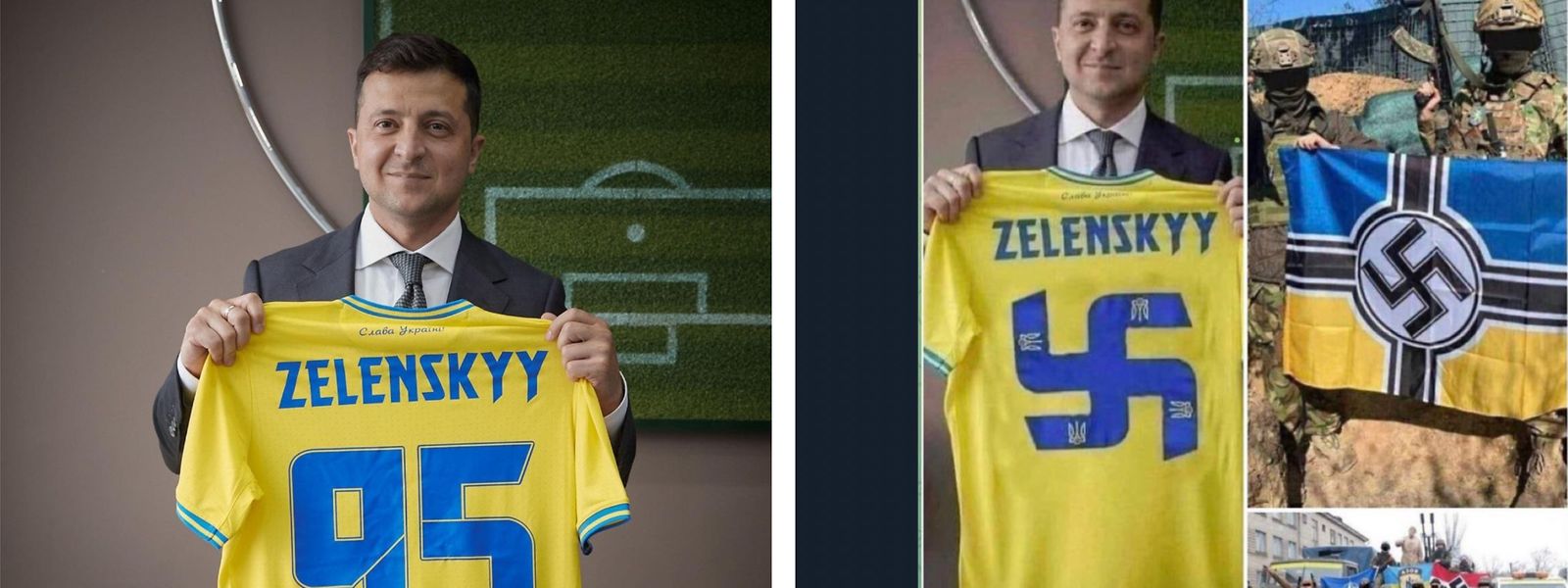 Das Bild des ukrainischen Präsidenten Wolodymir Selenskyj (rechts) mit einem Hakenkreuz wurde bereits im März vorigen Jahres in einem Faktencheck der AFP als Fake enttarnt. 