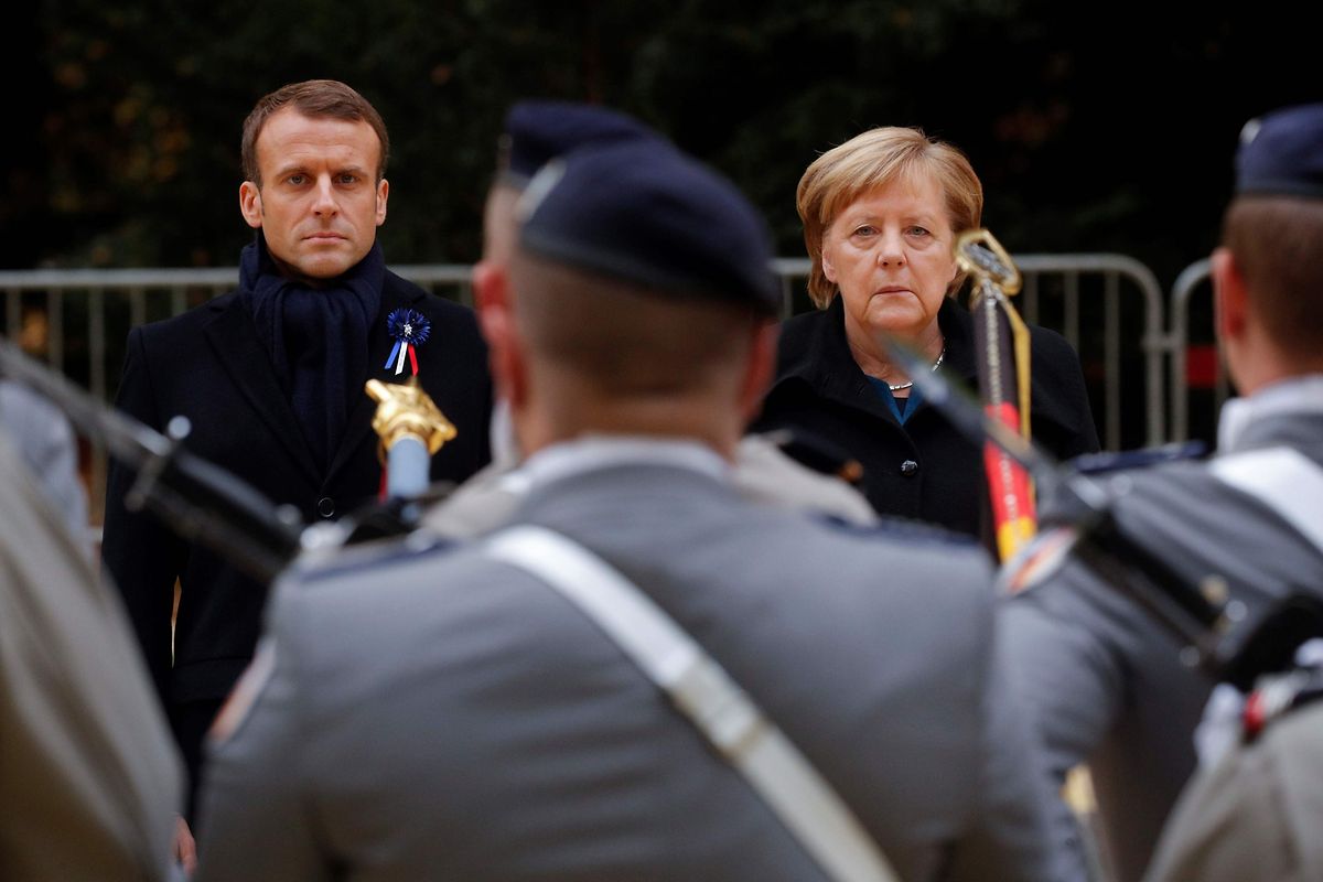 Emmanuel Macron and Angela Merkel during the ceremony in Compiegne Photo: AFP