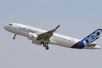 (FILES) This file photo taken on September 25, 2014 shows an Airbus A320neo taking off for its first test flight in Blagnac near Toulouse.
Airbus said on November 15, 2017 it has secured the biggest-ever order in its history to supply 430 of its medium-range A320 family of aircraft to US investment firm Indigo Partners, at a catalogue price of USD 49.5 billion (42 billion euros). The order is for 273 A320neos and 157 A321neos, the revamped and more fuel efficient version of Airbus's most popular single aisle passenger jet, the A320. 
 / AFP PHOTO / ERIC CABANIS