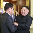 This picture taken on March 5, 2018 and released from North Korea's official Korean Central News Agency (KCNA) on March 6, 2018 shows North Korean leader Kim Jong-Un (R) shaking hands with South Korean chief delegator Chung Eui-yong (C), who travelled as envoys of the South's President Moon Jae-in, during their meeting in Pyongyang.  
North Korean leader Kim Jong Un discussed ways to ease tensions on the peninsula with visiting South Korean envoys, the state KCNA news agency reported on March 6. / AFP PHOTO / KCNA VIA KNS / STR / / AFP PHOTO / KCNA VIA KNS / STR / SOUTH KOREA OUT / REPUBLIC OF KOREA OUT   ---EDITORS NOTE--- RESTRICTED TO EDITORIAL USE - MANDATORY CREDIT "AFP PHOTO/KCNA VIA KNS" - NO MARKETING NO ADVERTISING CAMPAIGNS - DISTRIBUTED AS A SERVICE TO CLIENTS