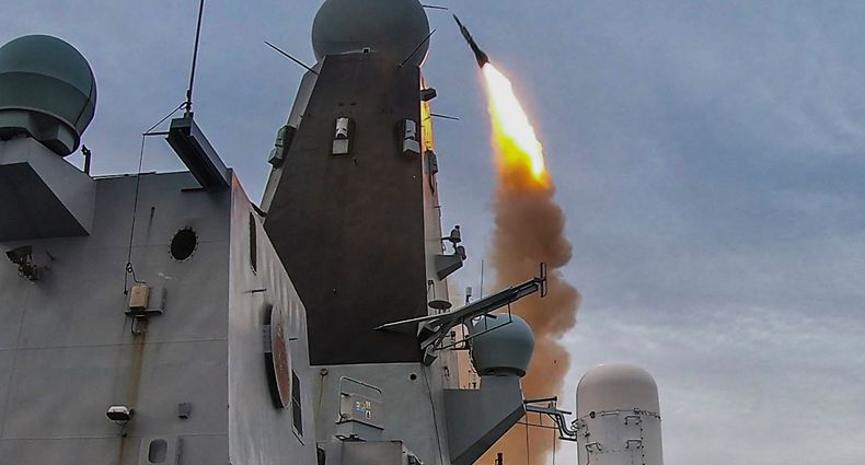 Royal Navy Type 45 destroyer HMS Dragon (D35) carried out a successful firing of a Sea Viper missile in the Atlantic off the Hebride Isles May 27, 2021. Dragon is participating in At-Sea Demo/Formidable Shield, conducted by Naval Striking and Support Forces NATO on behalf of U.S. Sixth Fleet, is a live-fire integrated air and missile defense (IAMD) exercise that improves Allied interoperability using NATO command and control reporting structures. (Royal Navy Photo by Jim Gibson)