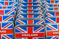 A picture taken on March 27, 2019 shows boxes of mints sporting the Union Jack displayed at the "Broken English" shop, which sells British goods in Berlin's leafy district of Kreuzberg. - The owner of "Broken English", Dale Carr, who now holds a German passport, will be closing her shop that specialises in British products, at the end of May, after a 24-year-run in the German capital. (Photo by John MACDOUGALL / AFP)