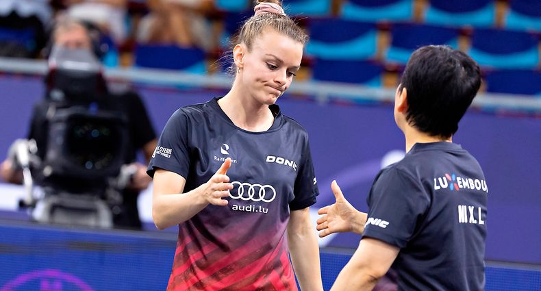 Sarah De Nutte (l.) und Ni Xia Lian (r.) / Tischtennis, Frauen Doppel Halbfinale / 18.08.2022 / Muenchen / Foto: Christian Kemp