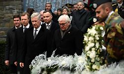 (LtoR) Us Secretary of Defense Mark Esper, Grand Duke Henri of Luxembourg, King Phillipe of Belgium, Poland's president Andrzej Duda and German Federal President Frank-Walter Steinmeier attend a ceremony as part of the commemorations of the 75th anniversary of the Battle of the Bulge, also known as the Ardennes Counteroffensive, on December 16, 2019, at the Mardasson Memorial in Bastogne. - The Battle of the Bulge was the last major German offensive campaign on the Western Front during World War II, and took place from 16 December 1944 to 25 January 1945. (Photo by JOHN THYS / AFP)