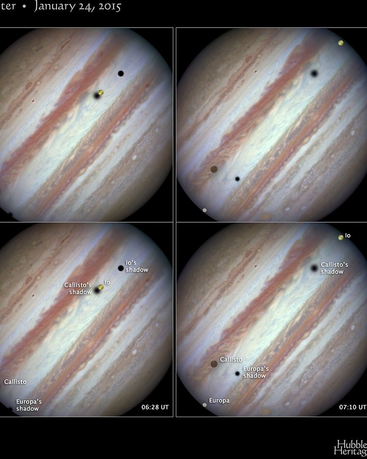 Das Hubble-Teleskop lieferte seltene Aufnahmen von drei der größten Jupiter-Monde: Europa, Kallisto und Io.
