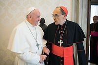 TOPSHOT - This handout photo taken and released on March 18, 2019 by the Vatican press office, the Vatican Media, shows Pope Francis shaking hands with France's Cardinal Philippe Barbarin (R), during their meeting at the Vatican on March 18, 2019. - Pope Francis met with Cardinal Philippe Barbarin, France's highest-ranking Catholic official, who was expected to tender his resignation after receiving a six-month suspended jail sentence for failing to report sex abuse by a priest under his authority. (Photo by HO / VATICAN MEDIA / AFP) / RESTRICTED TO EDITORIAL USE - MANDATORY CREDIT "AFP PHOTO / VATICAN MEDIA" - NO MARKETING NO ADVERTISING CAMPAIGNS - DISTRIBUTED AS A SERVICE TO CLIENTS
