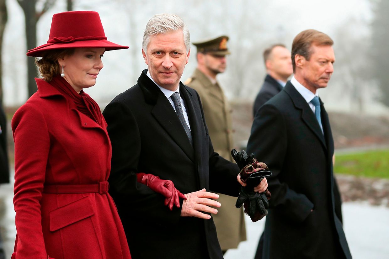 Queen Mathilde of Belgium (L), King Philippe - Filip of Belgium (C) and Grand Duke Henri of Luxembourg leave the Mardasson Memorial after the commemoration of the 75th anniversary of the Battle of the Bulge, in Bastogne on December 16, 2019. - The Battle took place during the second World War from December 16, 1944 until January 25, 1945. (Photo by Francisco SECO / various sources / AFP) / Belgium OUT