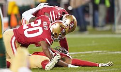 SANTA CLARA, CALIFORNIA - JANUARY 19: Richard Sherman #25 of the San Francisco 49ers reacts to an interception against the Green Bay Packers during the second half of the NFC Championship game at Levi's Stadium on January 19, 2020 in Santa Clara, California.   Thearon W. Henderson/Getty Images/AFP
== FOR NEWSPAPERS, INTERNET, TELCOS & TELEVISION USE ONLY ==