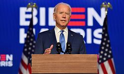 TOPSHOT - Democratic presidential nominee Joe Biden delivers remarks at the Chase Center in Wilmington, Delaware, on November 6, 2020. - Three days after the US election in which there was a record turnout of 160 million voters, a winner had yet to be declared. (Photo by Angela Weiss / AFP)