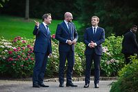 Visite au Luxembourg du président de la République française, Emmanuel Macron - DÉCLARATIONS À LA PRESSE - Xavier Bettel&nbsp;; Emmanuel Macron&nbsp;; Charles Michel - Photo : Pierre Matgé