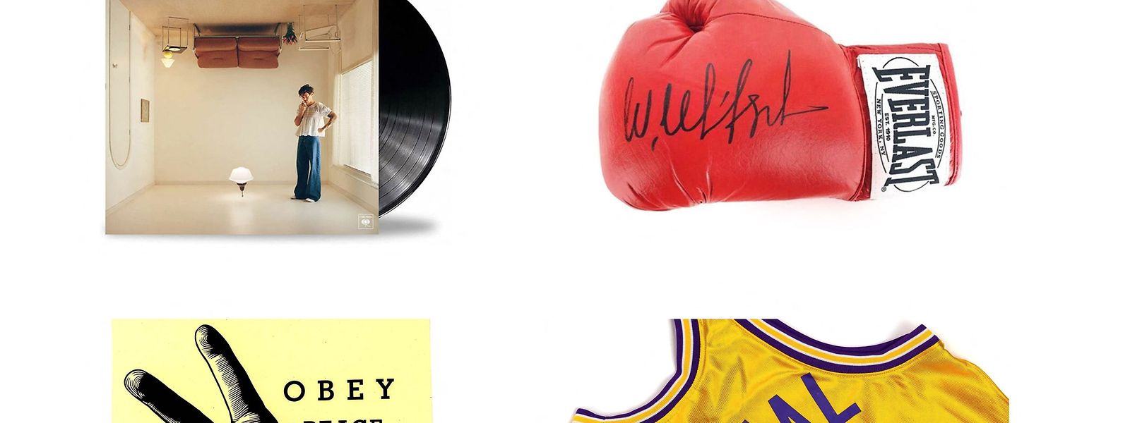 Un vinyle de Harry Styles, un gant de boxe de Wladimir Klitschko, une œuvre de l'artiste Obey alias Sherpard Fairey ou bien encore un maillot de Shaquille O'Neal sont mis aux enchères. Et bien d'autres choses encore...