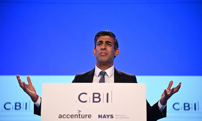Britain's Prime Minister Rishi Sunak delivers a speech at the Confederation of Business Industry (CBI) annual conference in Birmingham on Monday