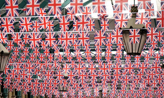 British flags in London's Covent Garden are part of the country's preparations to celebrate Queen Elizabeth II's platinum jubilee of her reign.