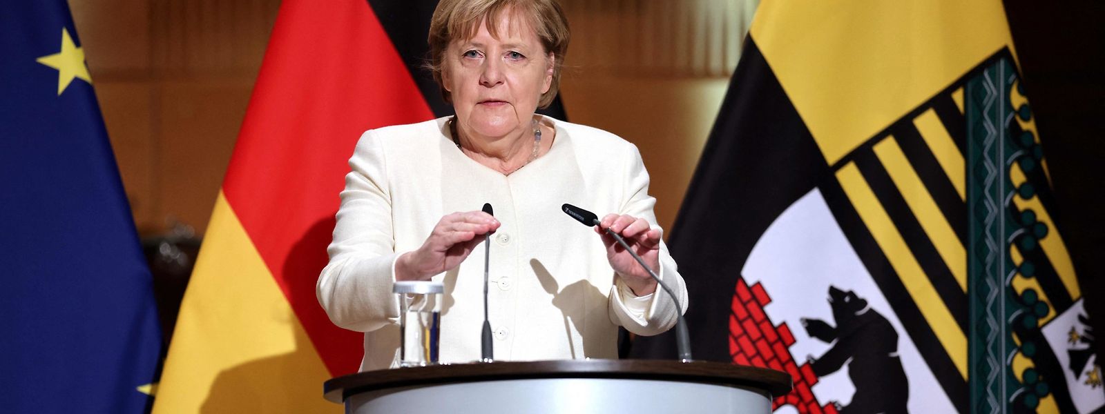 Angela Merkel bei ihrer Rede in Halle. 