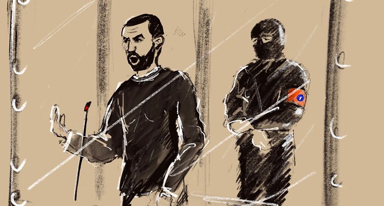 A courtroom sketch made on December 5, 2022 at the Justitia building in Brussels, shows defendant Mohamed Abrini (L) speaking from the defendants glass box in the courtroom during the trial of alleged jihadists, accused of directing or aiding suicide bombings in Brussels' metro and airport, on March 22, 2016. - Both the November 13, 2015 Paris attacks and the March 22, 2016 suicide bombings in Brussels were claimed by the Islamic State group, and investigators believe they were carried out by the same Belgium-based cell. Five of the nine defendants to appear in the dock in Belgium have already been convicted in the French trial, including Abdeslam. Hundreds of witnesses and victims will testify in the months to come, some still hopeful that telling the story of Belgium's worst peacetime massacre will offer them a measure of closure. (Photo by JONATHAN DE CESARE / BELGA / AFP) / Belgium OUT