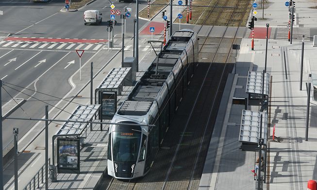 Empty tram station along avenue John F. Kennedy in Kirchberg as thousands of people work from home
