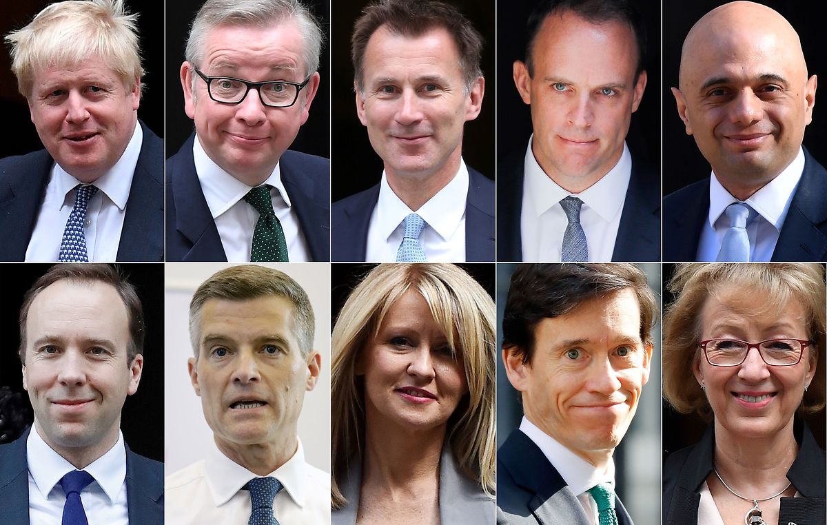 Em cima, da esquerda para a direita: Boris Johson, Michael Gove, Jeremy Hunt, Dominic Raab e Sajid Javid. Na linha de baixo, da esquerda para a direita: Matt Hancock, Marker Harper, Esther McVey, Rory Stewart e Andrea Leadsom. 