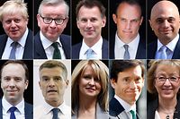(FILES) A combination of file pictures created in London on June 11, 2019 shows the 10 declared contenders in the Conservative Party leadership contest: (top row L-R) Conservative MP Boris Johson, Britain's Environment, Food and Rural Affairs Secretary Michael Gove, Britain's Foreign Secretary Jeremy Hunt, Conservative MP Dominic Raab, and Britain's Home Secretary Sajid Javid; (bottom row L to R) Britain's Health and Social Care Secretary Matt Hancock, Conservative MP Marker Harper, Conservative MP Esther McVey, Britain's International Development Secretary Rory Stewart, and Conservative MP Andrea Leadsom. - The contest to succeed Theresa May as Britain's next leader heated up on Monday, with candidates lining up to define themselves against the "bluff and bluster" of Brexit-backing frontrunner Boris Johnson. Ten Conservative MPs gathered enough support to qualify by Monday's deadline for the race to replace May, who quit as the party's leader on Friday over her failure to take Britain out of the European Union on time.
The nominees are: Andrea Leadsom, Esther McVey, Boris Johnson, Dominic Raab, Sajid Javid, Michael Gove, Jeremy Hunt, Mark Harper, Rory Stewart and Matt Hancock. (Photo by STF / AFP)