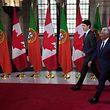 Portuguese Prime Minister Antonio Costa(R) and Canadian Prime Minister Justin Trudeau, walk to a bilateral meeting on Parliament Hill in Ottawa, Ontario, May 3, 2018.  / AFP PHOTO / Lars Hagberg