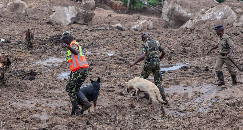Malawi Police Service Dog Handlers lead sniffer dogs into the area of mudslide disaster during a joint search and rescue operation to recover bodies of victims of the mudslide at Manje informal settlement up on the slopes of Soche Hill in Blantyre, Malawi, on March 17, 2023. - The death toll in Malawi from Cyclone Freddy has risen to 326, bringing the total number of victims across southern Africa to more than 400 since February. (Photo by Amos Gumulira / AFP)