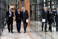 (From L) German Economy and Energy Minister Peter Altmaier, European Commission Vice-President Maros Sefcovic and French Economy and Finance Minister Bruno Le Maire arrive for a joint press conference after a meeting on May 2, 2019 in Paris. (Photo by ALAIN JOCARD / AFP)