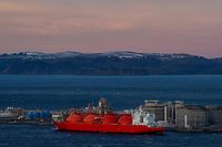 A LNG ship is pictured at the island Melkoya where Norwegian energy giant Equinor has built a facility for receiving and processing natural gas from the Sn�hvit field in the Barents Sea on November 2, 2022 (Photo by Fredrik Varfjell / NTB / AFP) / Norway OUT
