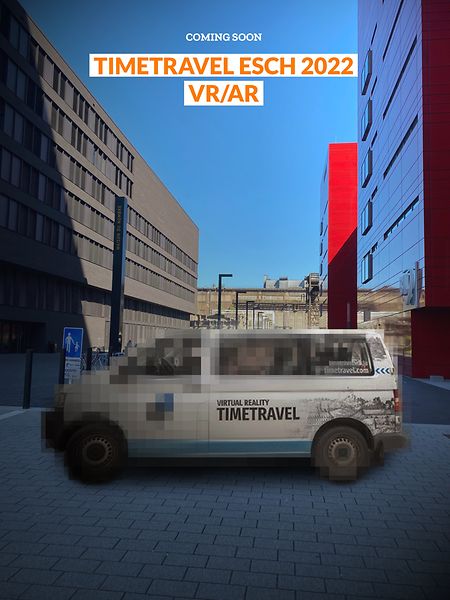 Noch ist der „Time travel“-Bus auf dem Plakat von Esch 2022 verpixelt. 2022 soll er aber seine Runden in Belval drehen.