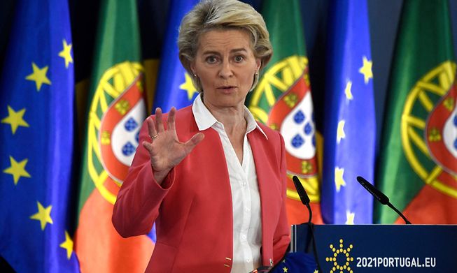 European Commission President Ursula von der Leyen gives a joint press conference with the President of the European Council within the framework of the Social Summit hosted by the Portuguese presidency of the Council of the European Union, at the Palacio de Cristal in Porto on May 8, 2021.