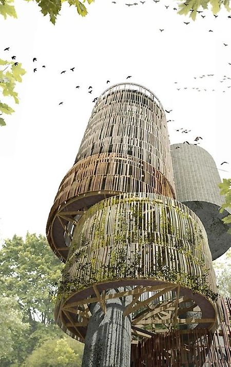 Geplant ist ein Wasserturm mit integrierten Vogelnestern – passend zu seinem Standort in einer Natura2000-Zone.