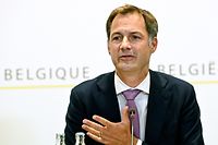 Belgium's Prime Minister Alexander De Croo speaks during a press conference after a meeting with the health consultative committee on the Covid-19 pandemic, in Brussels, on August 20, 2021. (Photo by Didier LEBRUN / BELGA / AFP) / Belgium OUT