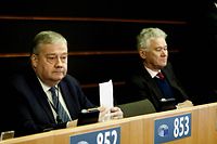 Belgian Euro Deputy Marc Tarabella sits before a vote on a request for waiver of his immunity and Italian fellow lawmaker Andrea Cozzolino's as part of a probe into alleged bribery by Qatar and Morocco during a session at EU Parliament in Brussels on February 2, 2023. - A key European Parliament committee on January 31 unanimously backed lifting the immunity of the two lawmakers implicated in a corruption scandal that has rocked the EU. (Photo by Kenzo TRIBOUILLARD / AFP)