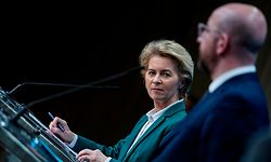 EU President of Council Charles Michel (R) and European Commission President Ursula von der Leyen (L) give a joint press conference after a G7 Leaders' videoconference on COVID-19 at the EU headquarters in Brussels on March 16, 2020. - Ursula von der Leyen on March 16 proposed that the EU close its borders to non-essential travel, as Europe scrambles to fight the spread of the coronavirus disease. Charles Michel will official propose the measure at an EU leaders summit on March 17 that will be held by videoconference. That meeting will come one day after the G7 holds a similar high-level videoconference. (Photo by Kenzo TRIBOUILLARD / AFP)