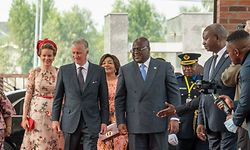 (From L to R): Belgium's Queen Mathilde, Belgium's King Philippe, First Lady of the DRC Denise Nyakeru Tshisekedi and President of the Democratic Republic of the Congo Felix Tshisekedi arrive at the National Museum of the Democratic Republic of the Congo in Kinshasa on June 8, 2022. (Photo by Arsene Mpiana / AFP)